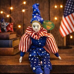 VTG Sugar Loaf Classiques Clown Jester Patriotic USA Harlequin Doll W/ Tag 18.5"